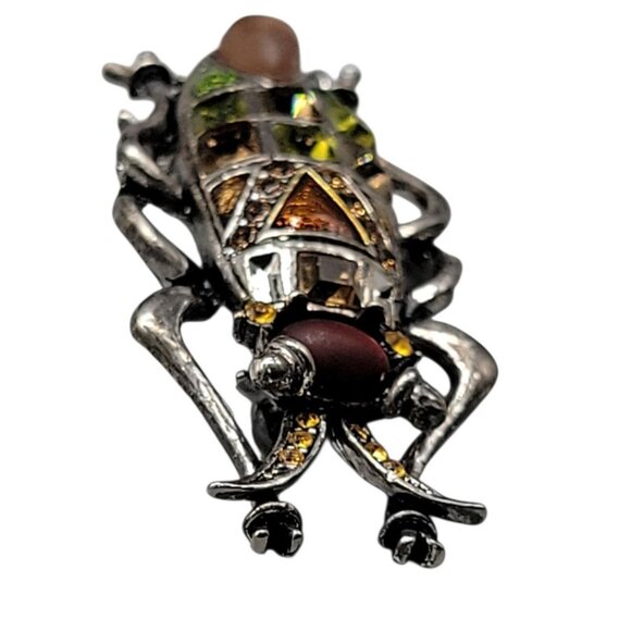 Beetle Brooch With Multicolor Frosted & Faceted Glass Stones Silver Tone Setting - Picture 5 of 7